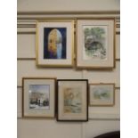 Five framed watercolours to include bridges, snowy fields,