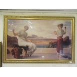 A large gilt framed and glazed print of continental knitting ladies