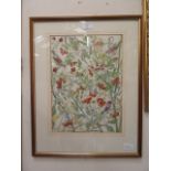 A framed and glazed watercolour of birds on branches titled "hedgerow in the autumn" signed C.F.