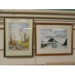Two framed and glazed watercolours of countryside and seascape