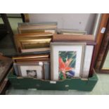 A tray containing a selection of framed and glazed prints etc