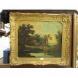 A gilt framed oil on canvas of cottage by lake scene
