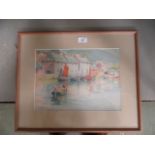 A framed and glazed watercolour of harbour scene signed bottom left