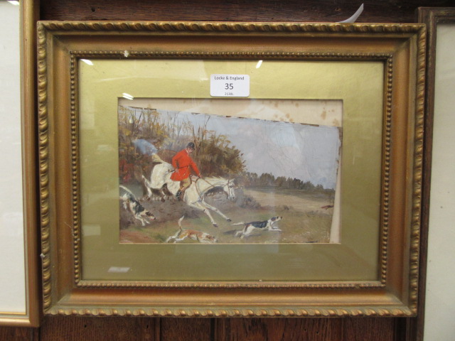A framed and glazed oil on board of hunting scene