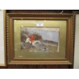 A framed and glazed oil on board of hunting scene