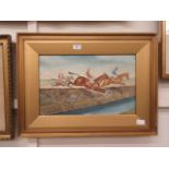 A framed and glazed watercolour of horse racing scene signed J.