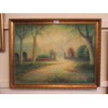 A gilt framed oil on board of a foggy country yard scene signed John Doig