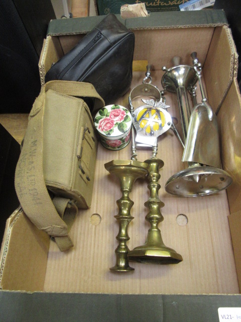 A tray containing brass candle sticks, a cased set of binoculars, chrome fireside companion set etc.
