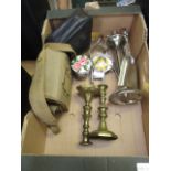 A tray containing brass candle sticks, a cased set of binoculars, chrome fireside companion set etc.