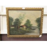 A gilt framed oil on board of cottage by river scene signed Varnet