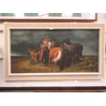 A framed oil on canvas of cuddling horses