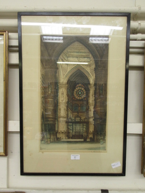 A framed and glazed hand coloured engraving of cathedral interior signed bottom right