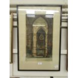 A framed and glazed hand coloured engraving of cathedral interior signed bottom right