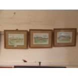 Three framed and glazed watercolours of cricket