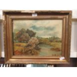 A framed oil on canvas of river scene signed Green 1895