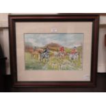 A framed and glazed possible oil of hunting scene