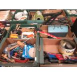 Four trays of hand tools, tool boxes, saws etc.