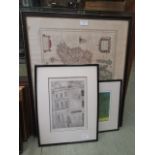 A framed and glazed map along with an artist's proof print etc