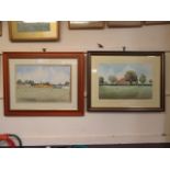 Two large framed and glazed watercolours of cricket signed Eric Thomson