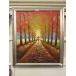 A framed oil on canvas of autumnal lane scene