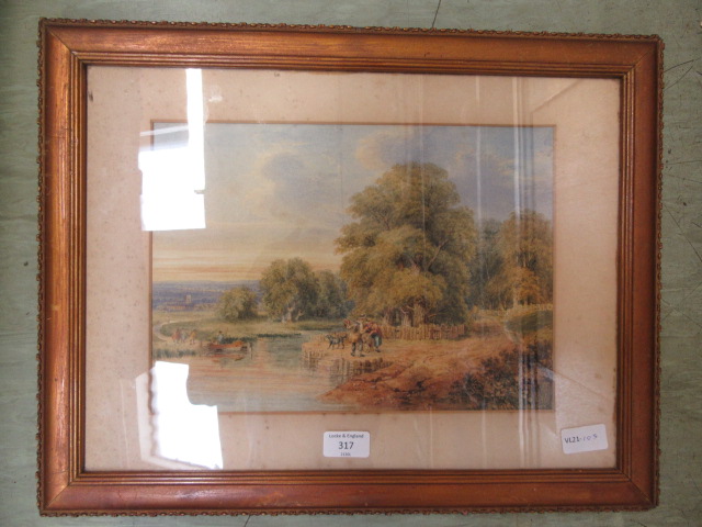 A framed and glazed watercolour of 18th century country scene signed bottom right J E 1831