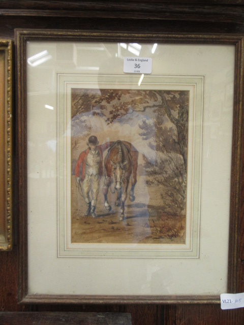 A framed and glazed watercolour of huntsman with horse
