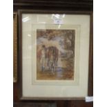 A framed and glazed watercolour of huntsman with horse