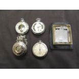 A bag containing an assortment of reproduction and other pocket watches, cigarette lighter etc.