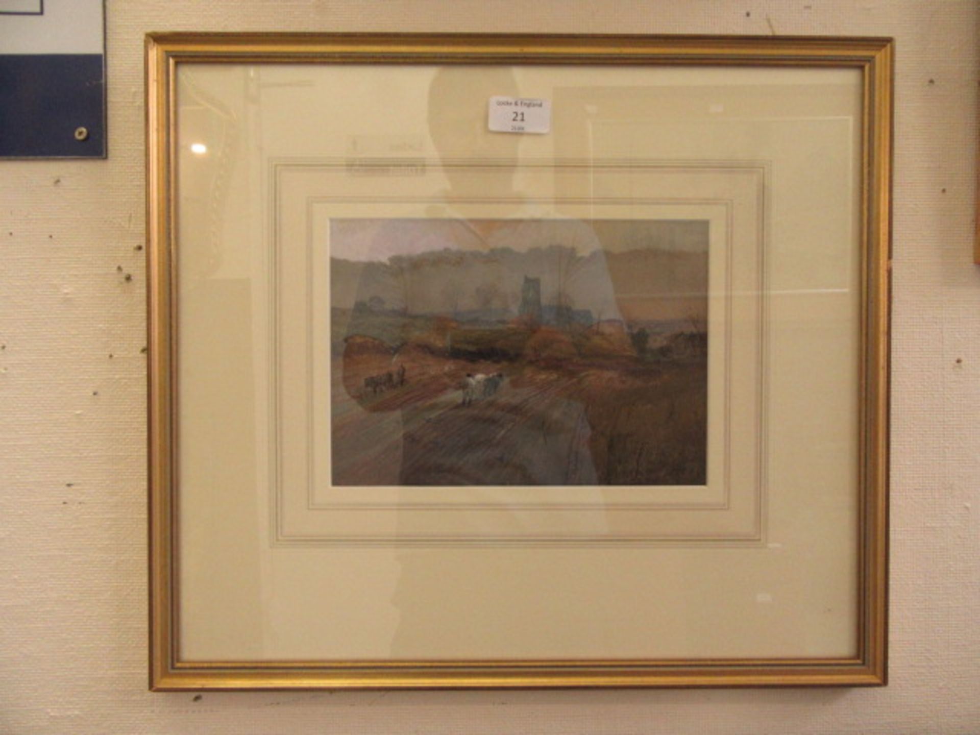 A framed and glazed watercolour of ploughing scene signed Walker 1875