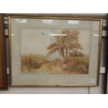 A framed and glazed watercolour of country lane scene signed J.