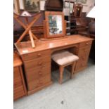 A modern pine twin pedestal dressing table with screen mirror to back with matching stool