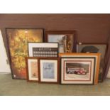 A selection of framed and glazed prints, needleworks,