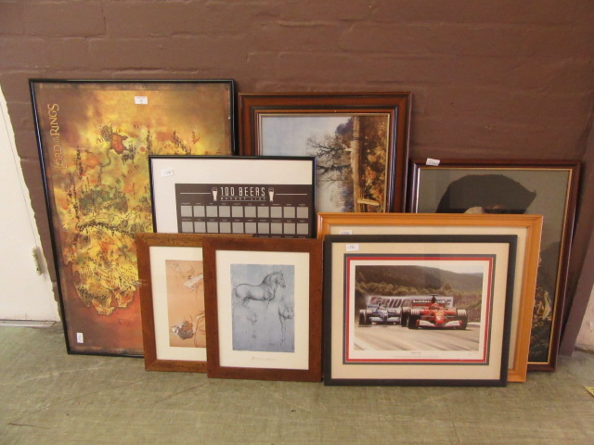 A selection of framed and glazed prints, needleworks,