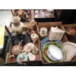 Two trays of ceramic ware to include large cheese dish, blue and white meat plates, tea pots,