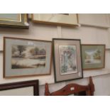 Two framed and glazed watercolours of lake scenes together with a limited edition print of a door