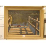 A framed oil on board of lake scene signed E.H.