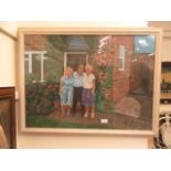 A framed and glazed oil of a gentleman with two elderly ladies