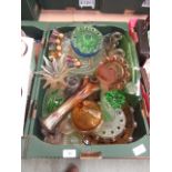 A tray of assorted glass ware to include coloured glass, drinking vessels etc.