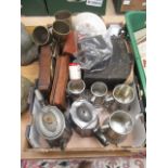 A tray containing pewter mugs and tea pot, old cameras, clocks etc.