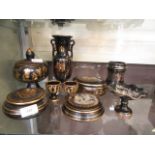 A collection of Greek black 24ct gold rimmed vessels to include vases, egg cups etc.