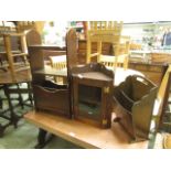 An early 20th century oak bookcase along with a small corner cupboard and a magazine rack