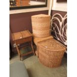 A selection of four wicker items to include linen baskets, stool,