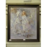 A framed oil on canvas of lady with horse scene signed Robert Y