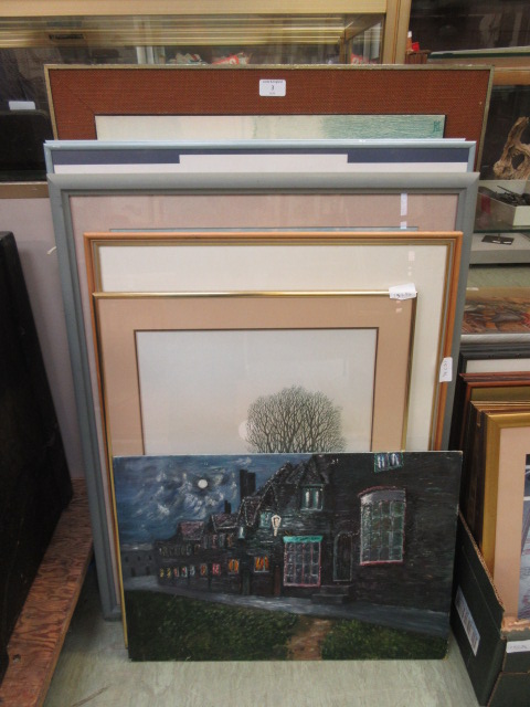 A selection of framed and unframed prints and oils on board,