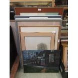 A selection of framed and unframed prints and oils on board,