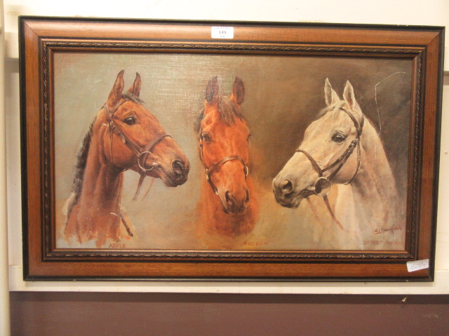 A modern framed oleograph of Arkle, Redrum, and Desert Orchid signed bottom right S.R.