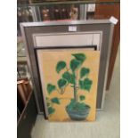 An oil on board of green plant along with two others