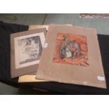A selection of mounted watercolours, etchings etc. to include man with donkey, windmill etc.