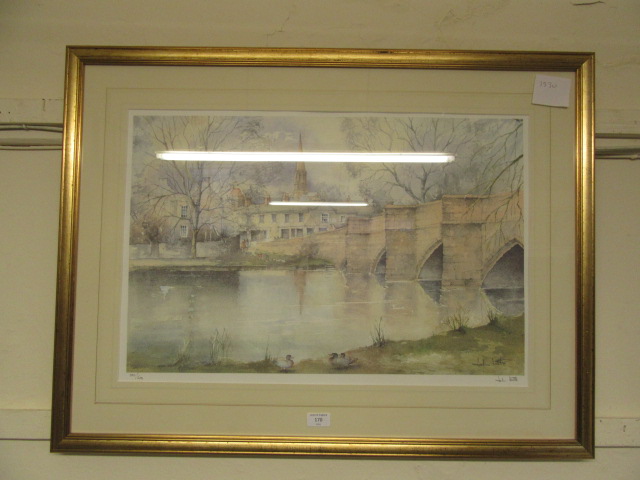 A framed and glazed signed print of bridge over river limited edition no.