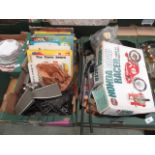 Two trays of children related items to include train set, trade cards, books etc.